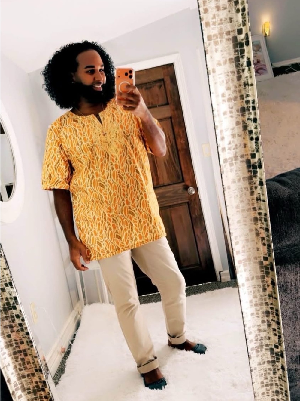 Men's or Unisex Yellow Patterned Short-Sleeve Shirt - dashiki